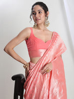 Thumbnail for Janasya Peach Silk Blend Leaf Motifs Jacquard Saree