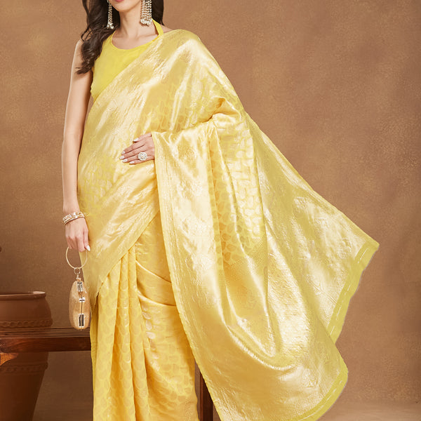 Janasya Yellow Silk Blend Leaf Motifs Jacquard Saree