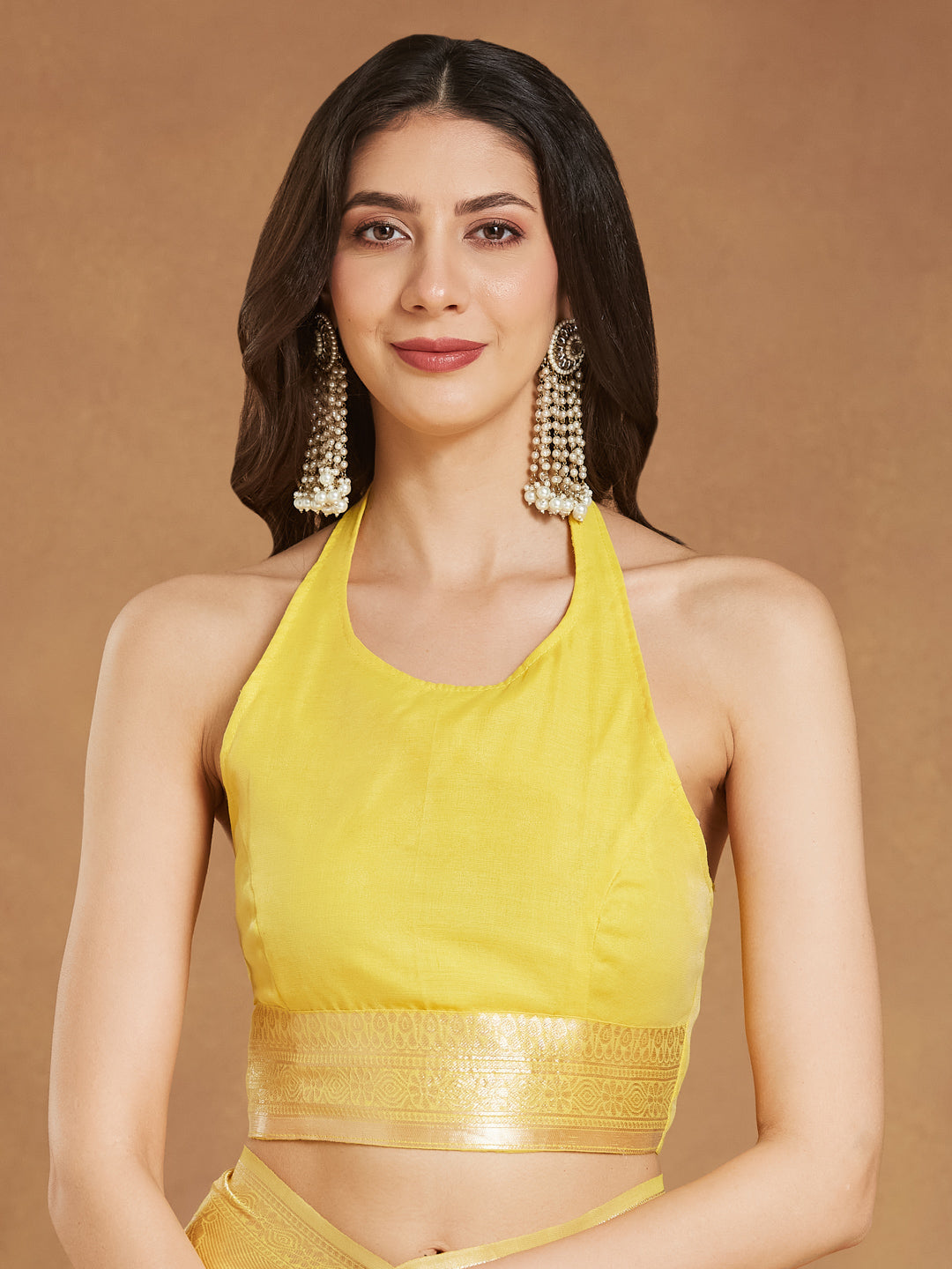 Janasya Yellow Silk Blend Leaf Motifs Jacquard Saree