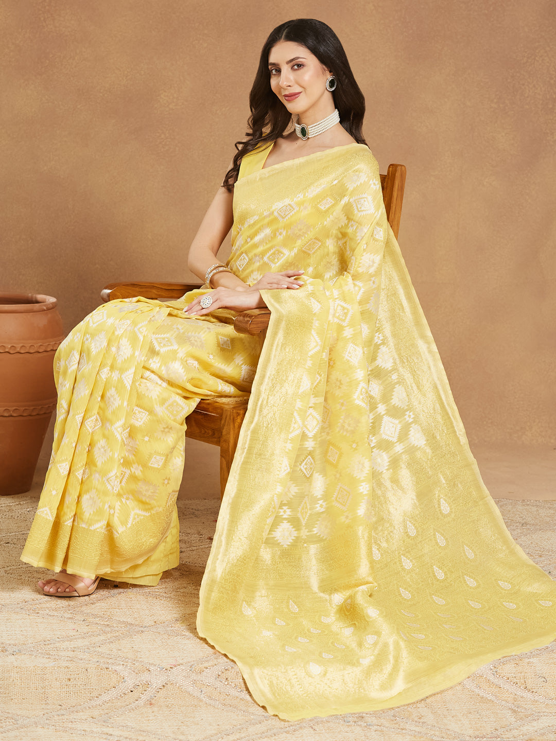 Janasya Yellow Silk Blend Geometric Jacquard Saree
