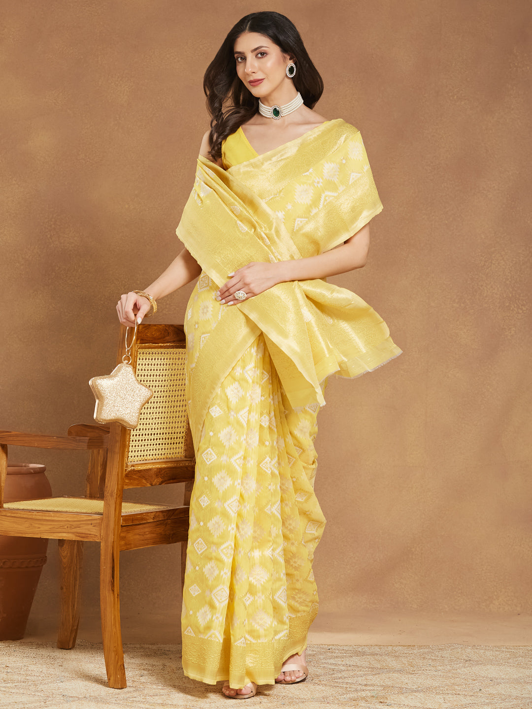 Janasya Yellow Silk Blend Geometric Jacquard Saree