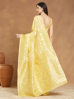 Thumbnail for Janasya Yellow Silk Blend Geometric Jacquard Saree
