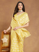 Thumbnail for Janasya Yellow Silk Blend Geometric Jacquard Saree