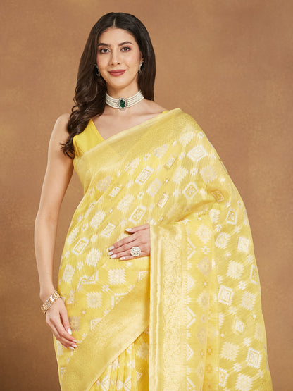 Janasya Yellow Silk Blend Geometric Jacquard Saree - Distacart
