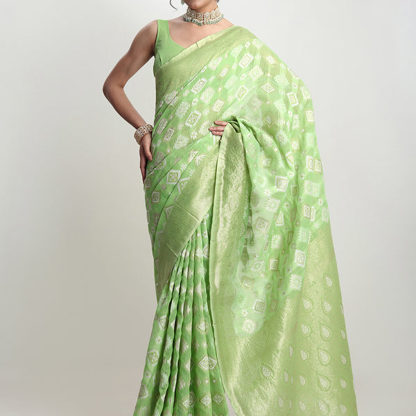Janasya Green Silk Blend Geometric Jacquard Saree