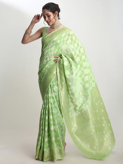Janasya Green Silk Blend Geometric Jacquard Saree - Distacart