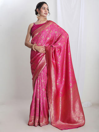 Janasya Pink Silk Blend Floral Jacquard Saree