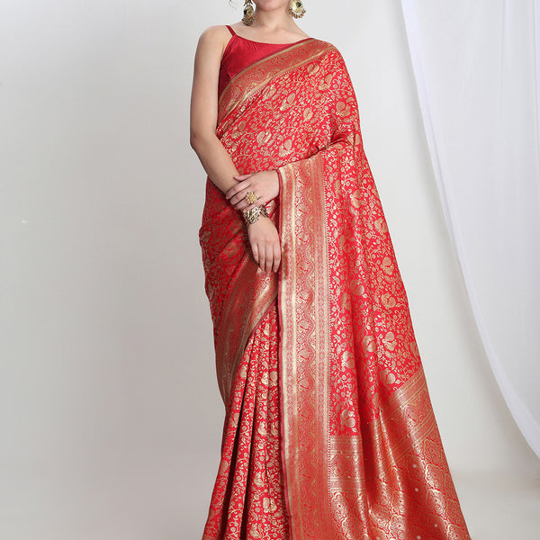 Janasya Red Silk Blend Floral Jacquard Saree