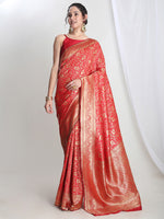 Thumbnail for Janasya Red Silk Blend Floral Jacquard Saree