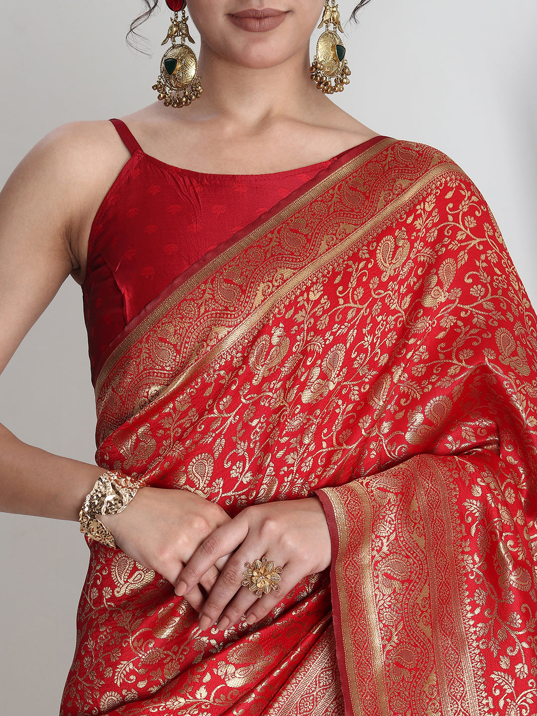 Janasya Red Silk Blend Floral Jacquard Saree