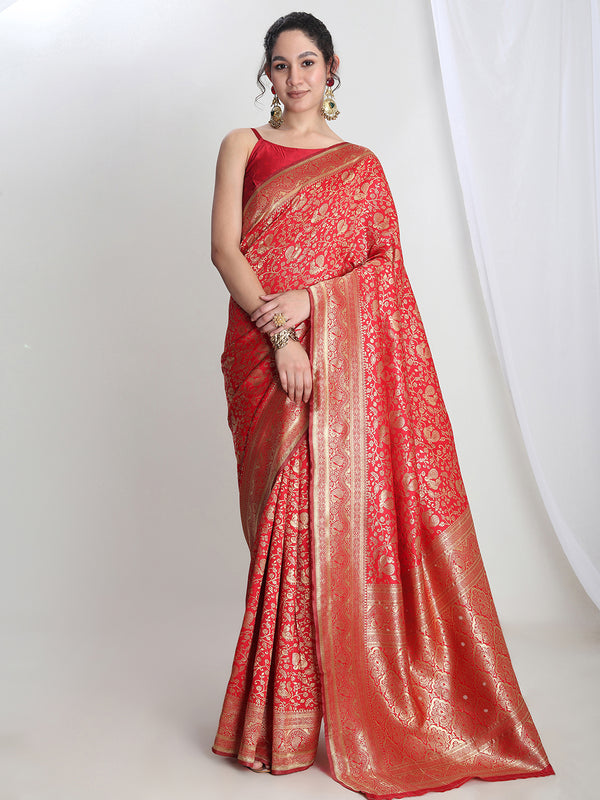 Janasya Red Silk Blend Floral Jacquard Saree