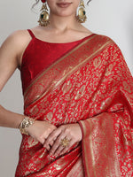 Thumbnail for Janasya Red Silk Blend Floral Jacquard Saree