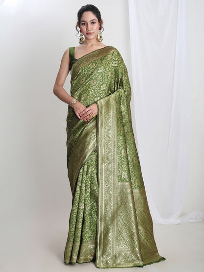 Janasya Green Silk Blend Floral Jacquard Saree - Distacart