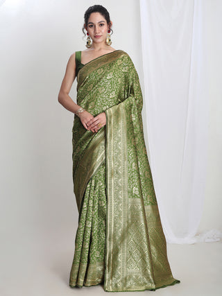 Janasya Green Silk Blend Floral Jacquard Saree