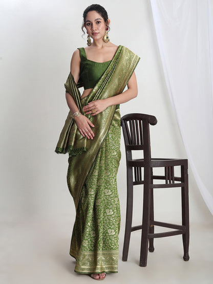 Janasya Green Silk Blend Floral Jacquard Saree - Distacart