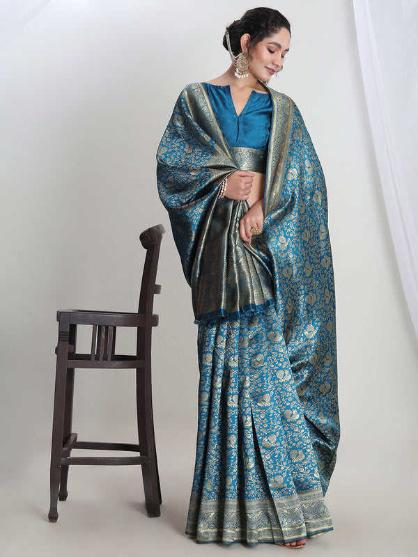 Janasya Teal Blue Silk Blend Floral Jacquard Saree