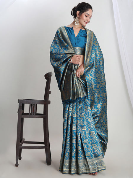 Janasya Teal Blue Silk Blend Floral Jacquard Saree
