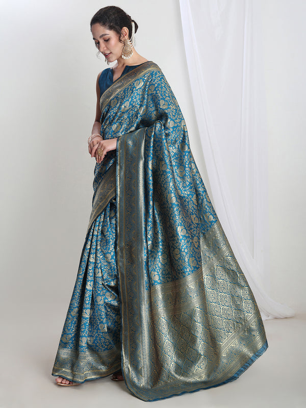 Janasya Teal Blue Silk Blend Floral Jacquard Saree