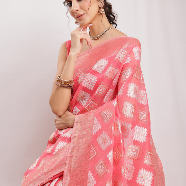 Janasya Navy Blue Silk Blend Geometric Jacquard Saree