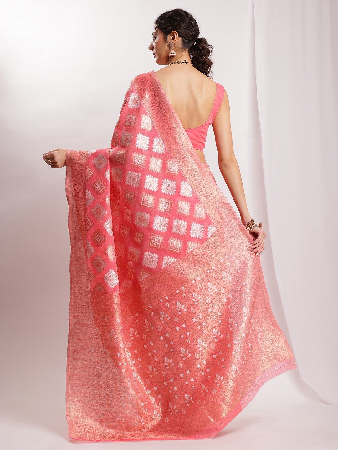 Janasya Navy Blue Silk Blend Geometric Jacquard Saree
