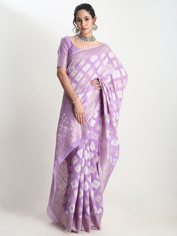 Janasya Lavender Silk Blend Geometric Jacquard Saree