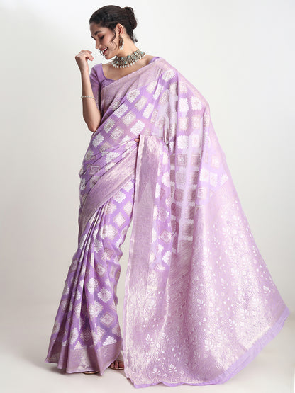 Janasya Lavender Silk Blend Geometric Jacquard Saree - Distacart