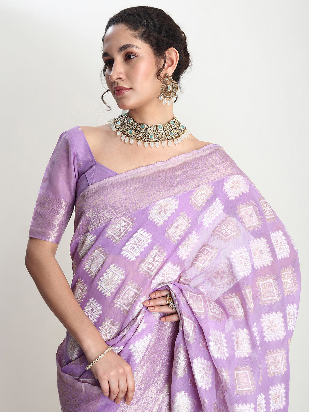 Janasya Lavender Silk Blend Geometric Jacquard Saree
