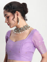 Thumbnail for Janasya Lavender Silk Blend Geometric Jacquard Saree