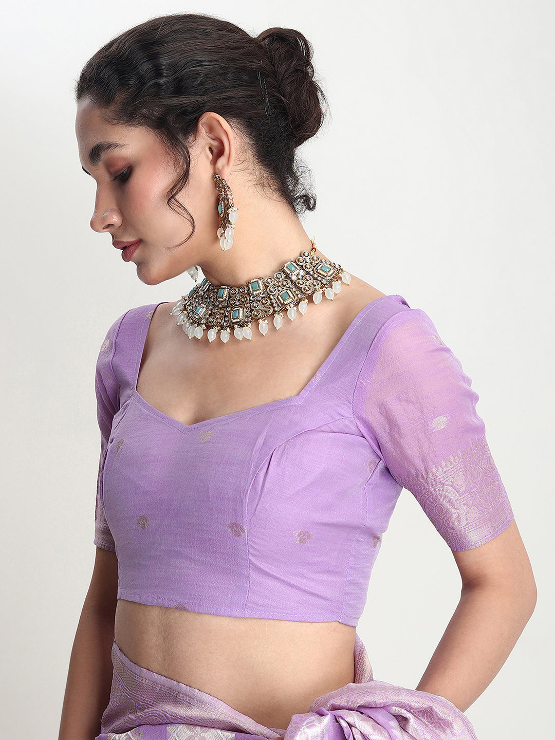 Janasya Lavender Silk Blend Geometric Jacquard Saree