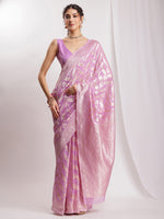Thumbnail for Janasya Lavender Silk Blend Floral Jacquard Saree