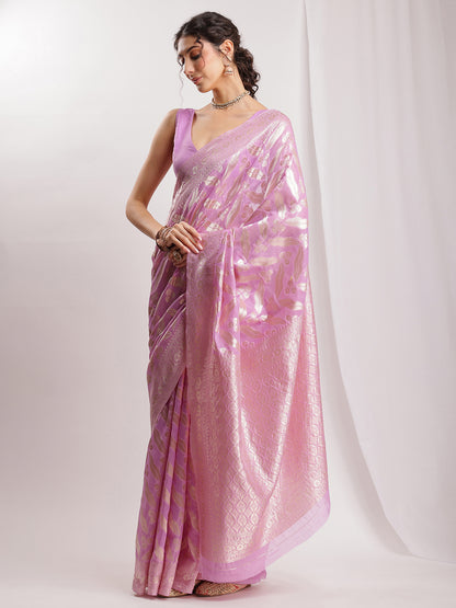 Janasya Lavender Silk Blend Floral Jacquard Saree - Distacart