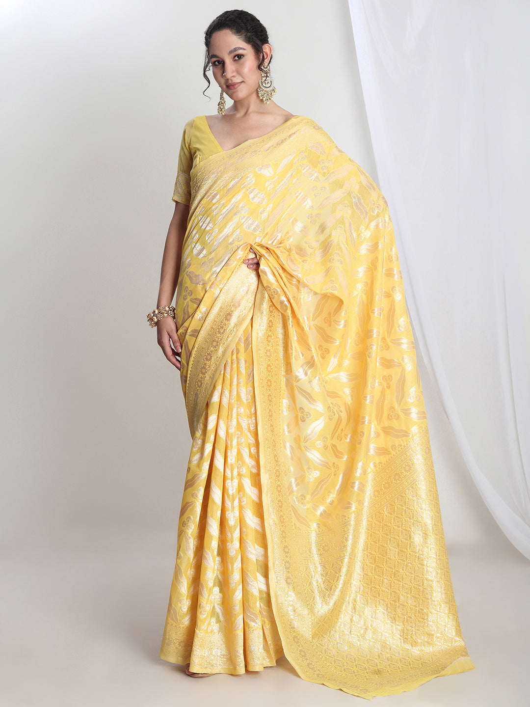 Janasya Yellow Silk Blend Floral Jacquard Saree
