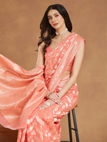 Thumbnail for Janasya Peach Silk Blend Floral Jacquard Saree