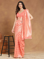 Thumbnail for Janasya Peach Silk Blend Floral Jacquard Saree