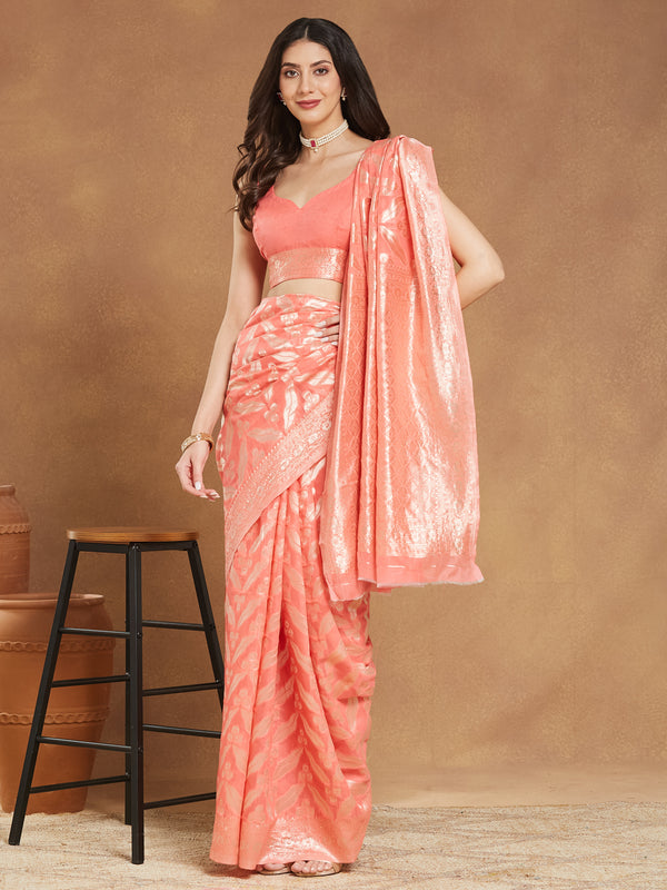 Janasya Peach Silk Blend Floral Jacquard Saree