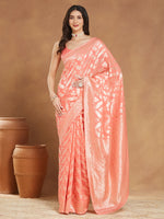 Thumbnail for Janasya Peach Silk Blend Floral Jacquard Saree