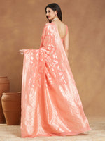 Thumbnail for Janasya Peach Silk Blend Floral Jacquard Saree