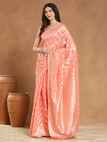 Thumbnail for Janasya Peach Silk Blend Floral Jacquard Saree