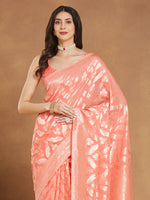 Thumbnail for Janasya Peach Silk Blend Floral Jacquard Saree