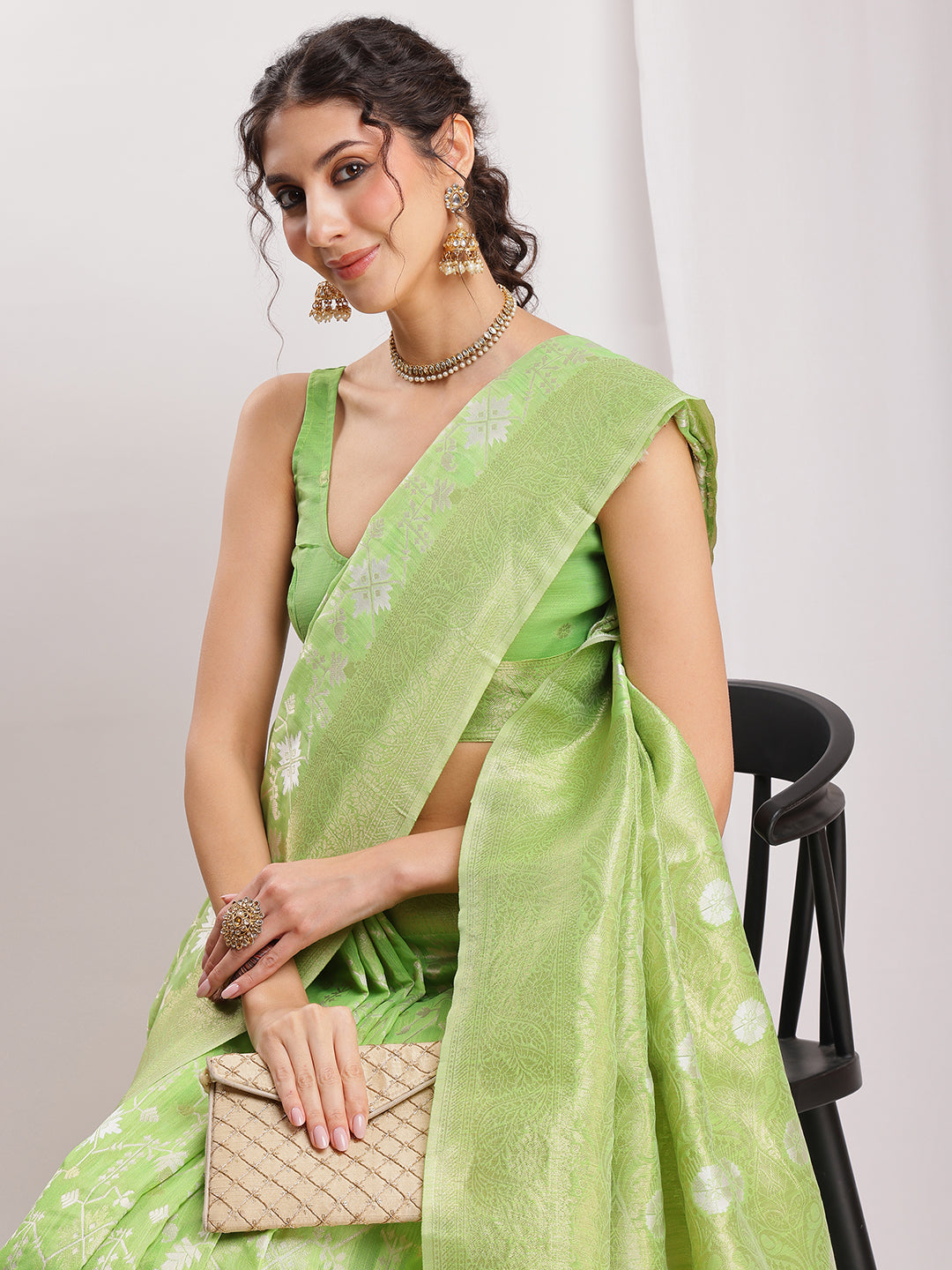 Janasya Green Silk Blend Geometric Jacquard Saree