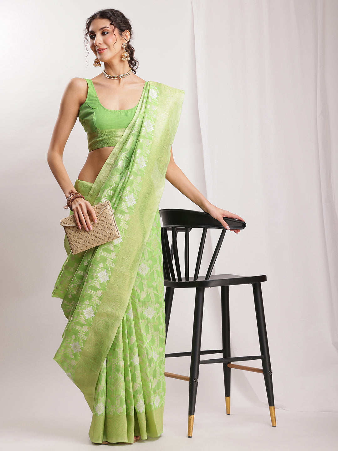 Janasya Green Silk Blend Geometric Jacquard Saree