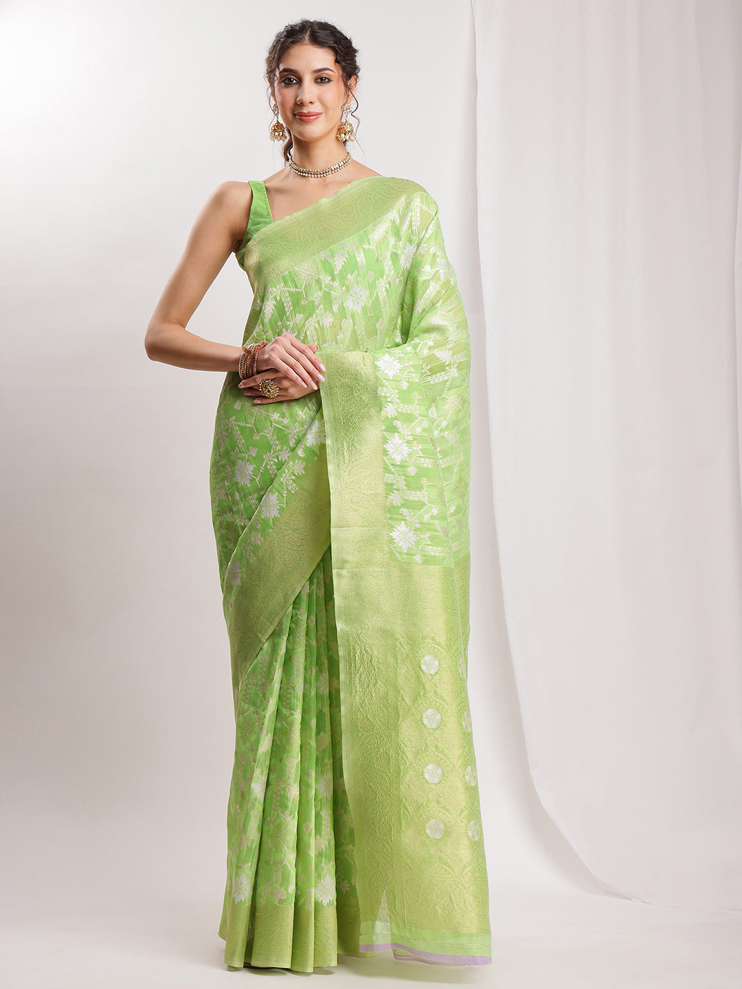 Janasya Green Silk Blend Geometric Jacquard Saree