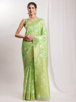Thumbnail for Janasya Green Silk Blend Geometric Jacquard Saree