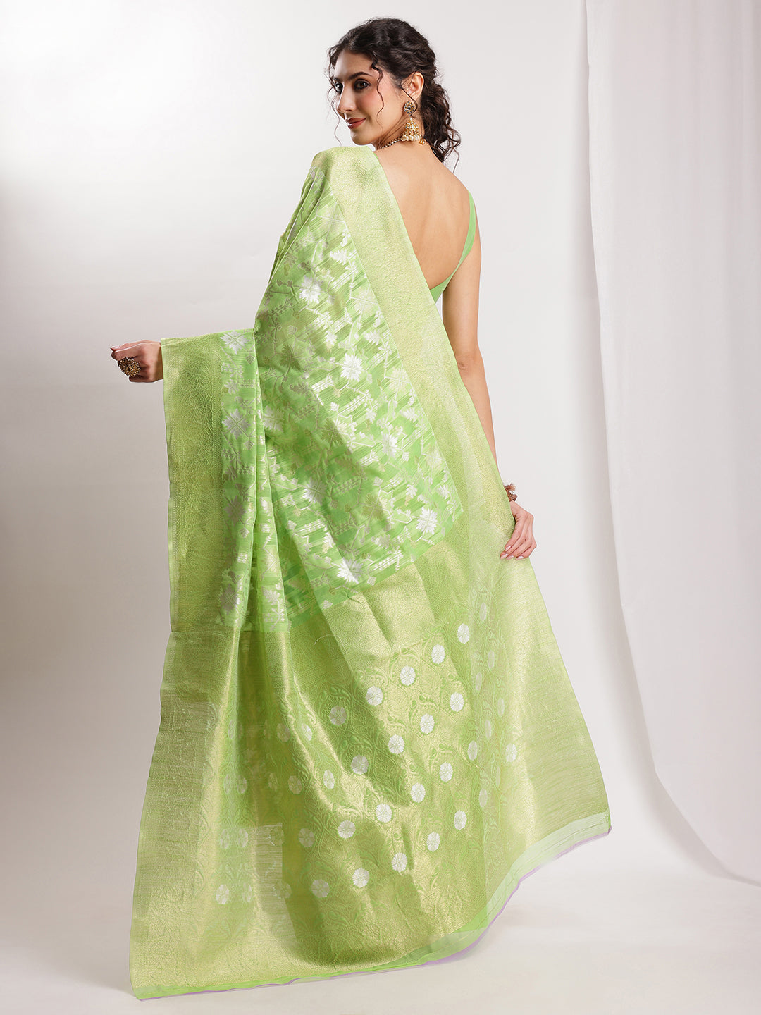 Janasya Green Silk Blend Geometric Jacquard Saree