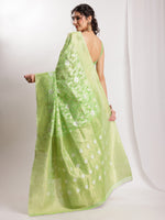 Thumbnail for Janasya Green Silk Blend Geometric Jacquard Saree