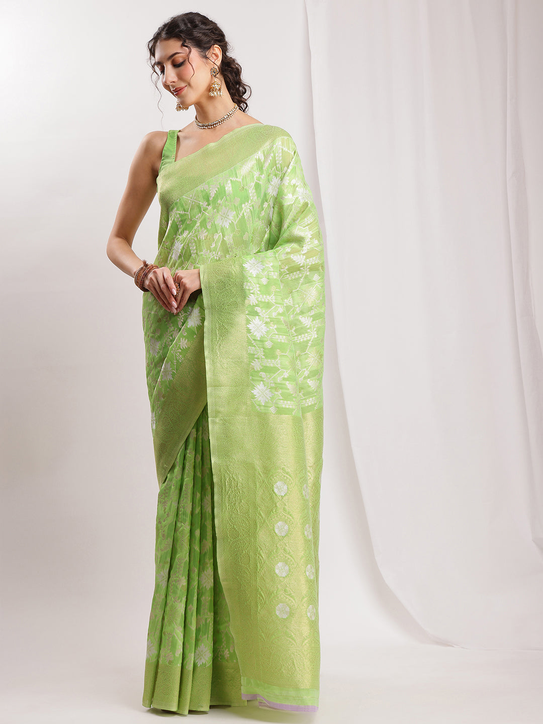 Janasya Green Silk Blend Geometric Jacquard Saree