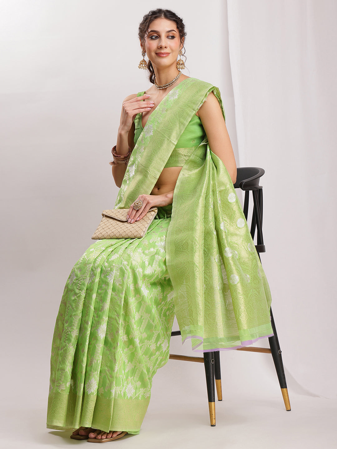 Janasya Green Silk Blend Geometric Jacquard Saree