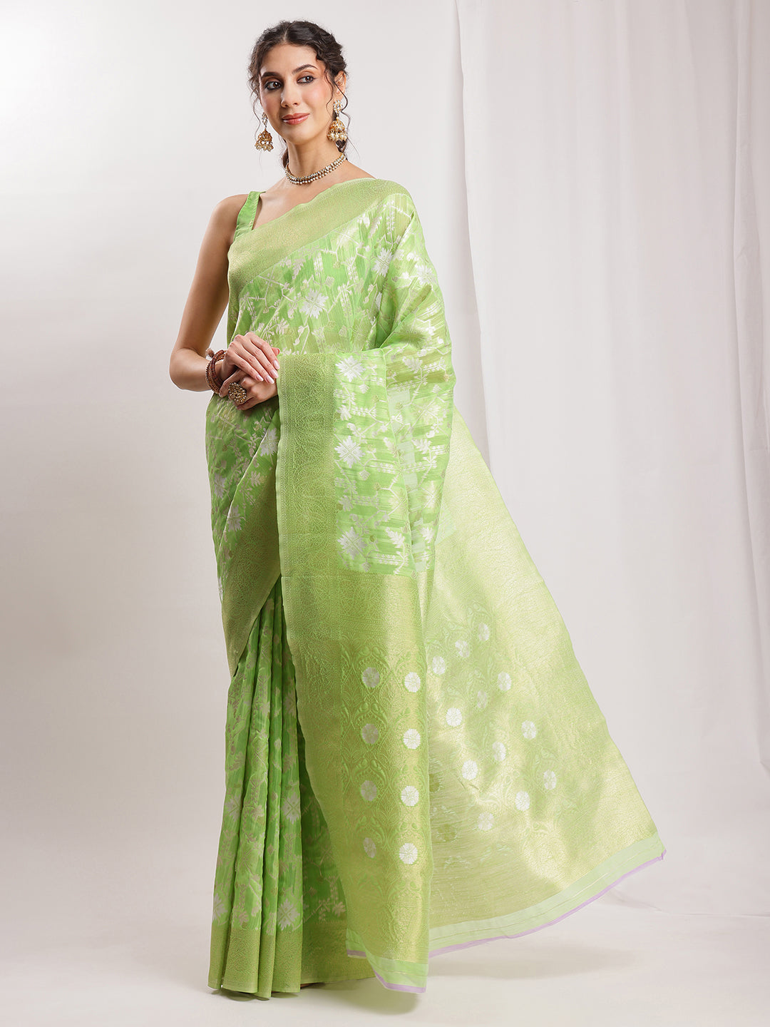 Janasya Green Silk Blend Geometric Jacquard Saree