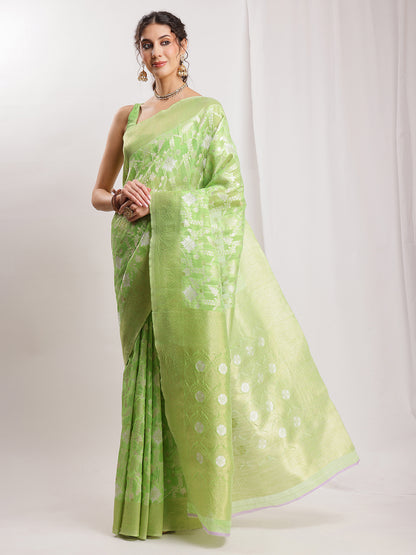 Janasya Green Silk Blend Geometric Jacquard Saree - Distacart