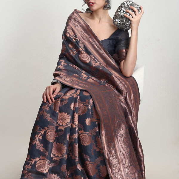 Janasya Dark Grey Silk Blend Floral Jacquard Saree